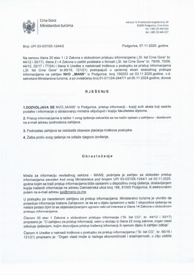 Rješenje - Slobodan pristup informacijama - UPI 03-037-25-1244-2 Mreža za afirmaciju nevladinog sektora - MANS