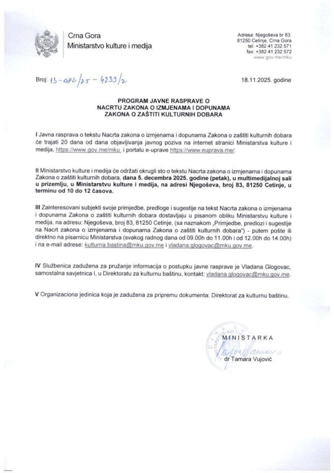 Program javne rasprave na Nacrt zakona o izmjenama i dopunama zakona o zaštiti kulturnih dobara