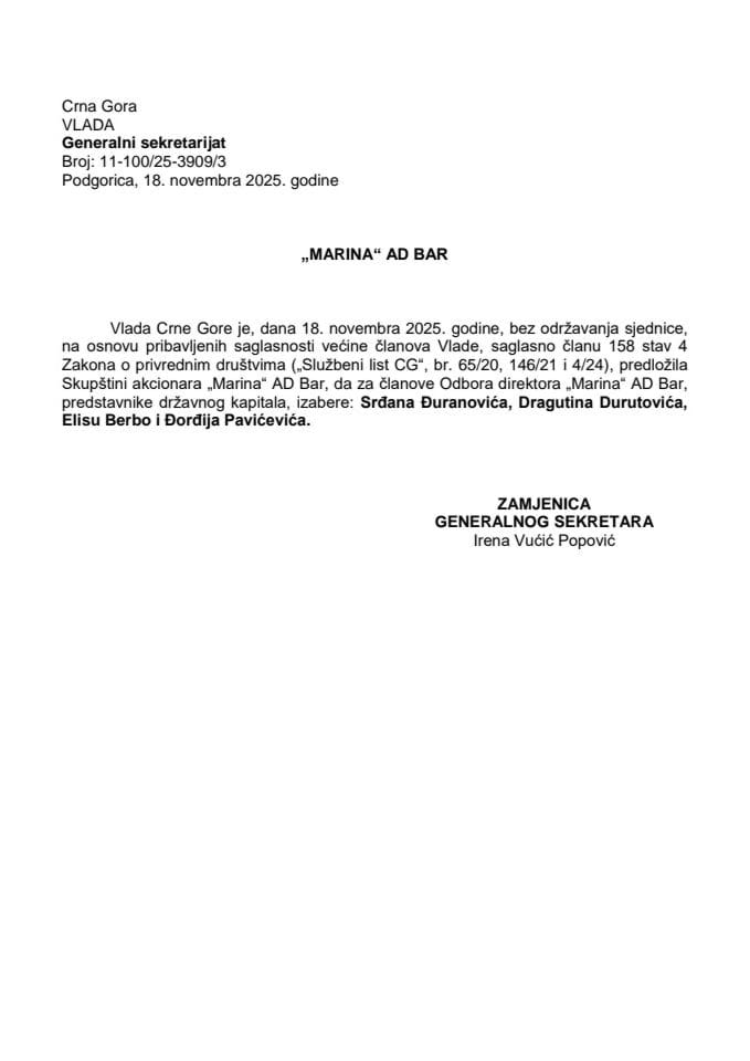Predlog za izbor članova Odbora direktora „Marina“ AD Bar