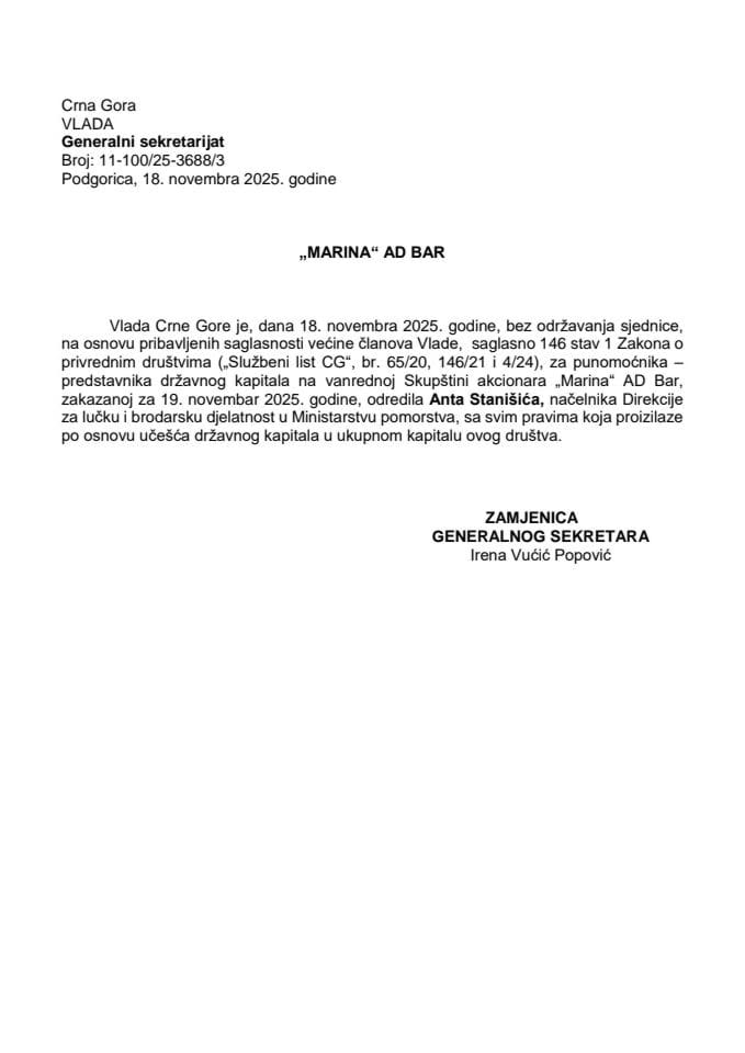 Predlog za određivanje punomoćnika – predstavnika državnog kapitala na vanrednoj Skupštini akcionara „Marina“ AD Bar