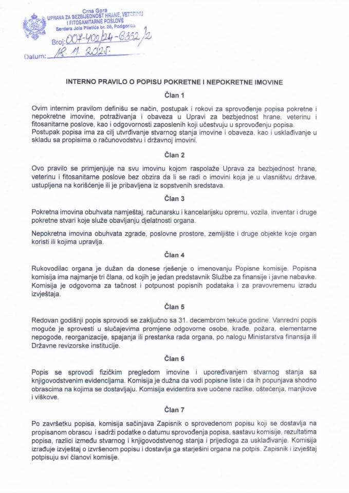 INTERNO PRAVILO O POPISU POKRETNE I NEPOKRETNE IMOVINE