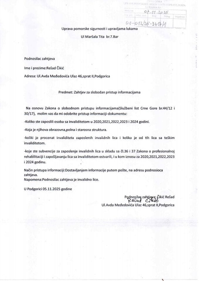 Zahtjev br.01-012-25-34171 od 7.11.2025. i Rješenje SPI  Rešid Čikić