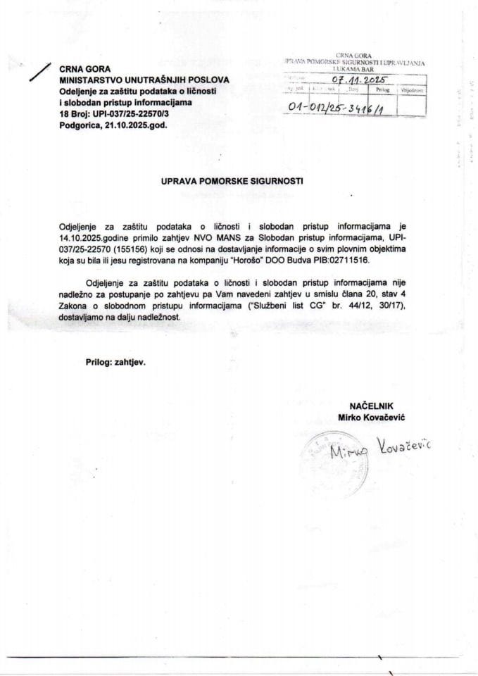 Zahtjev br.01-01225-34161 od 7.11.2025. i Rješenje SPI - MUPCG