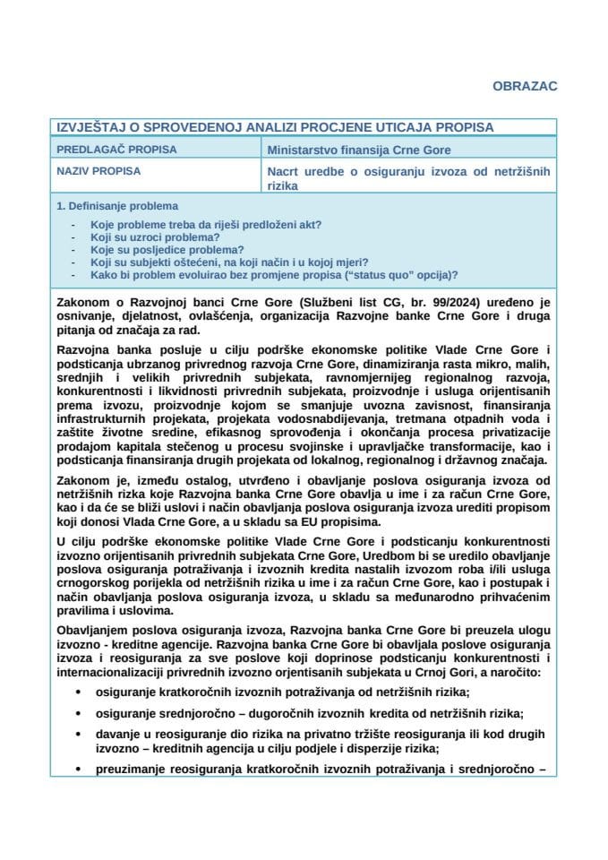 Izvještaj o sprovedenoj analizi procjene uticaja propisa (RIA)
