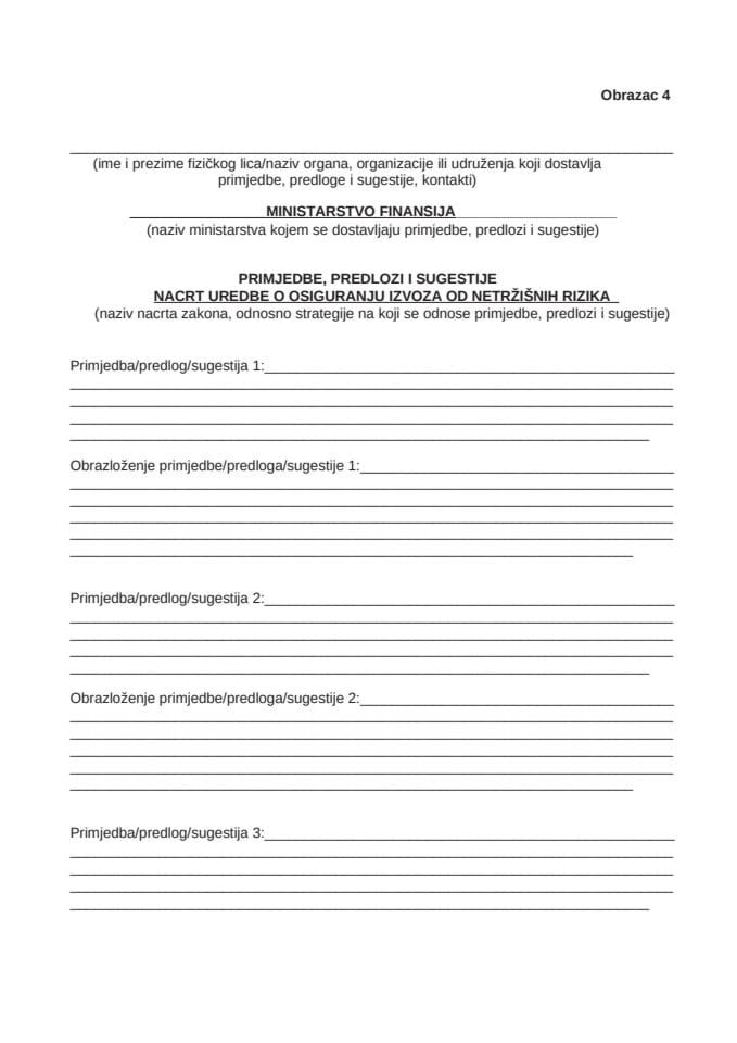Obrazac za dostavljanje prijedloga, sugestija i komentara na Nacrt uredbe
