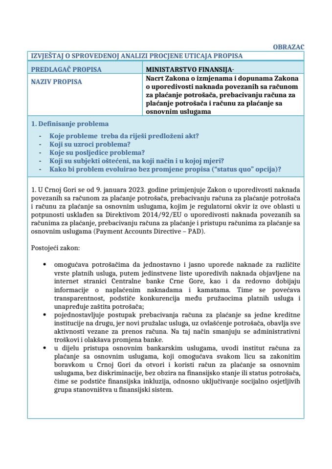 Izvještaj o sprovedenoj analizi procjene uticaja propisa (RIA)