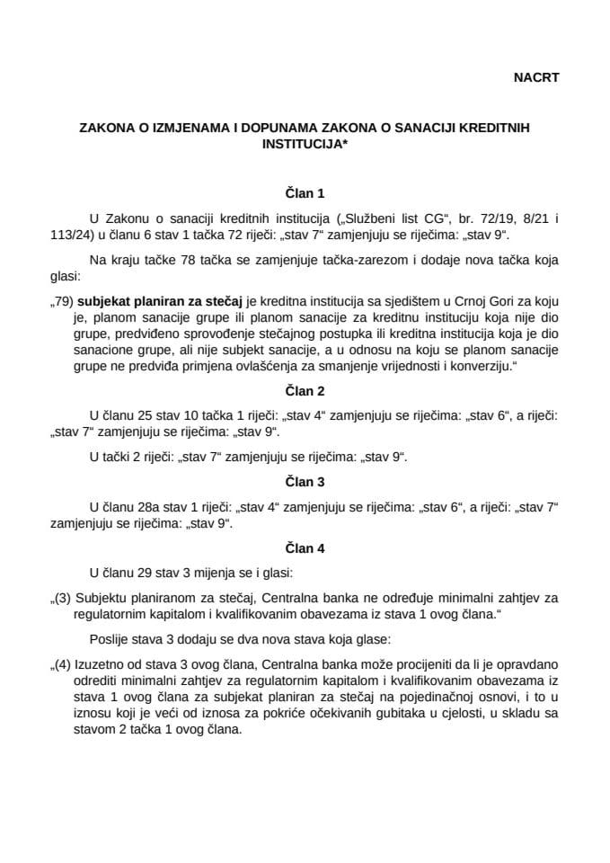 Nacrt zakona o izmjenama i dopunama Zakona o sanaciji kreditnih institucija