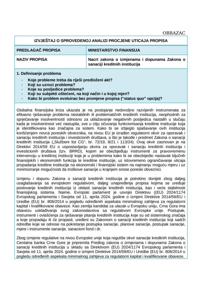 Izvještaj o sprovedenoj analizi procjene uticaja propisa (RIA)