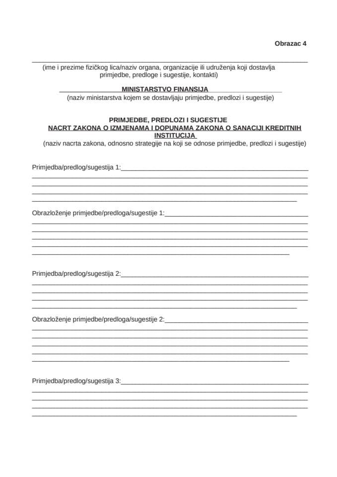 Obrazac za dostavljanje prijedloga, sugestija i komentara na Nacrt zakona