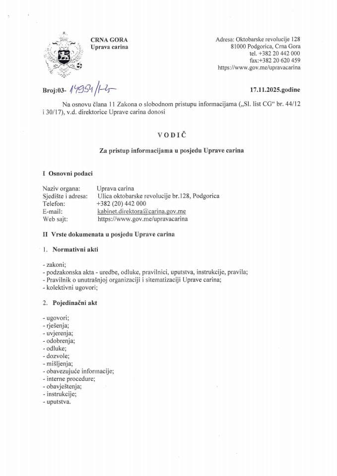 Vodič za pristup informacijama u posjedu Uprave carina