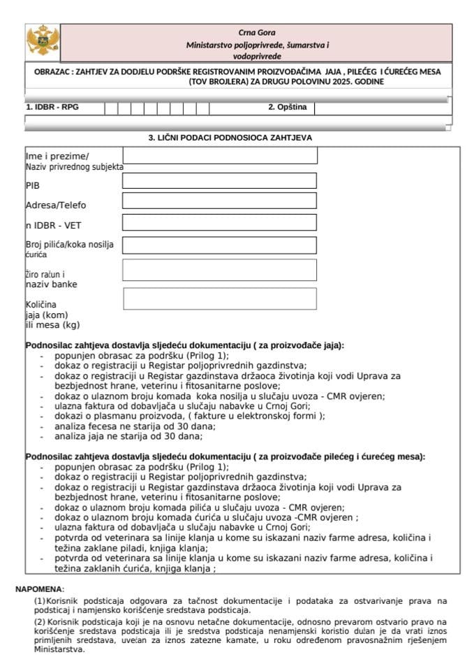 Obrazac za prijavu proizvođača jaja, pilećeg ćurećeg mesa