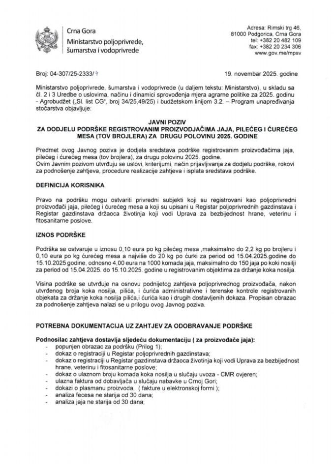 Javni poziv za dodjelu podrške za proizvođače jaja, pilećeg i ćurećeg mesa za II polovinu godine