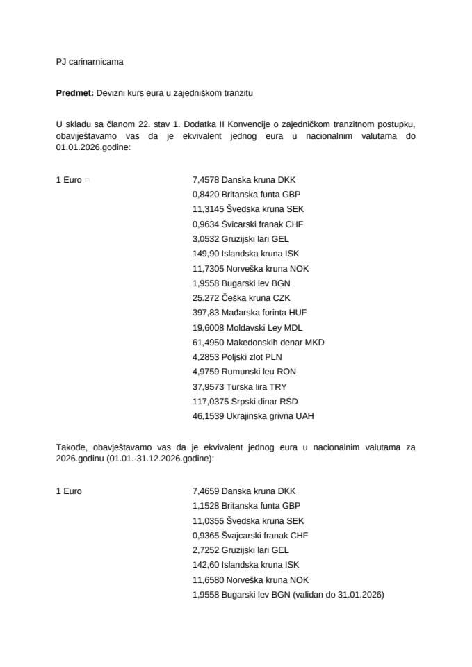 Devizni kurs eura u zajedničkom tranzitu