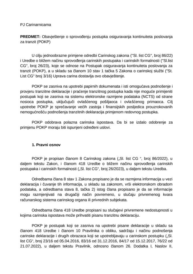Obavještenje o sprovođenju postupka osiguravanja kontinuiteta poslovanja za tranzit (POKP)