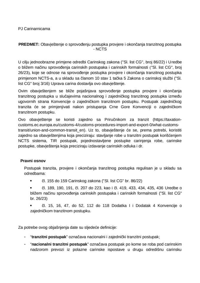 Obavještenje o sprovođenju postupka provjere i okončanja tranzitnog postupka