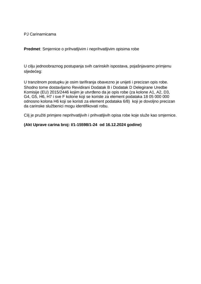 Smjernice o prihvatljivim i neprihvatljivim opisima robe