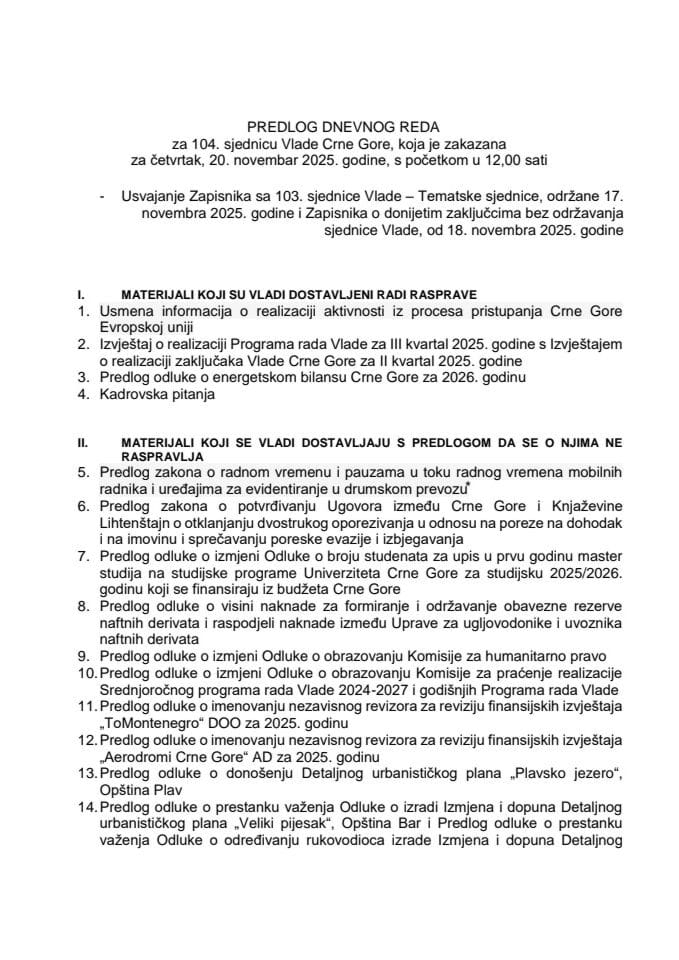 Predlog dnevnog reda za 104. sjednicu Vlade Crne Gore