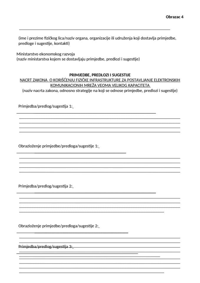 obrazac-4-primjedbe-i-sugestije Zakona o koriscenju fizicke infrastrukture