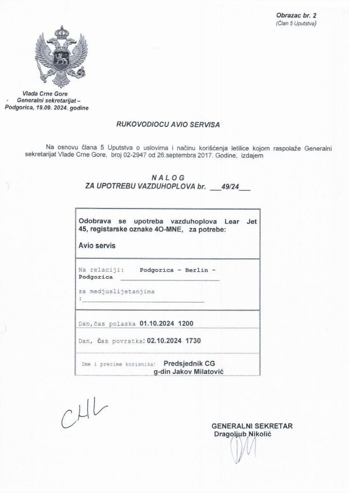 Dokumenta o korišćenju aviona u vlasništvu Generalnog sekretarijata Vlade Crne Gore u periodu od 28.09.2024. godine do 31.08.2025. godine