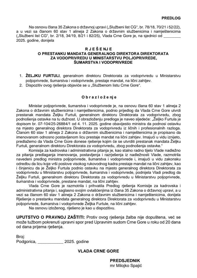 Предлог за престанак мандата генералног директора Директората за водопривреду у Министарству пољопривреде, шумарства и водопривреде