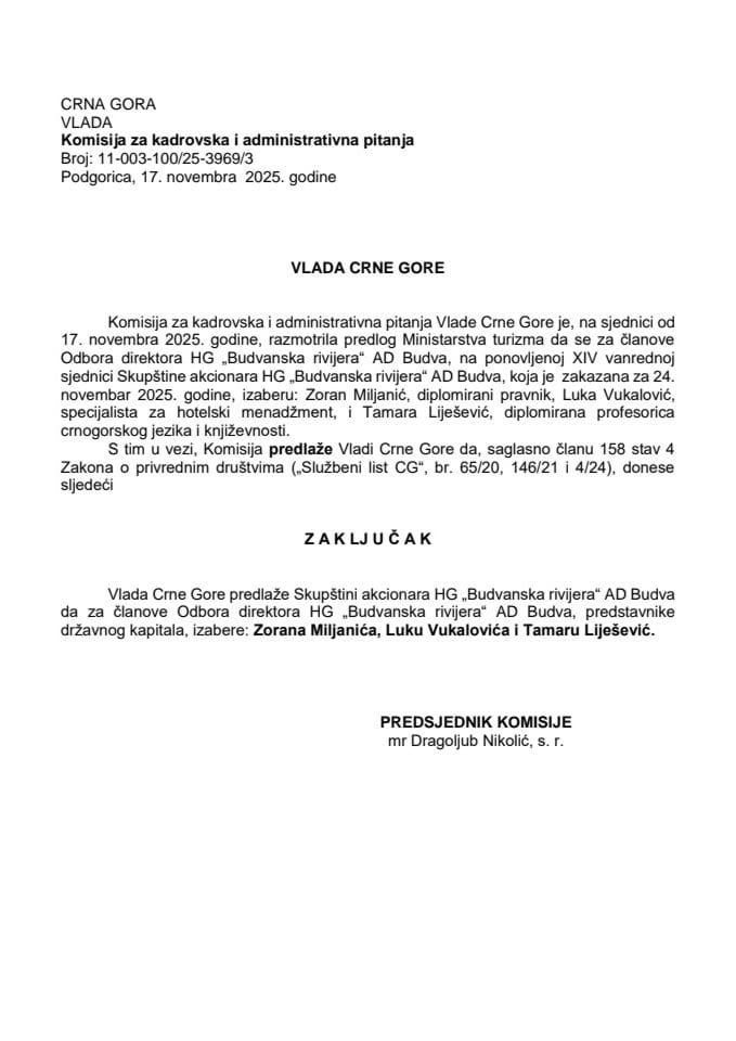 Predlog za izbor članova Odbora direktora HG „Budvanska rivijera“ AD Budva
