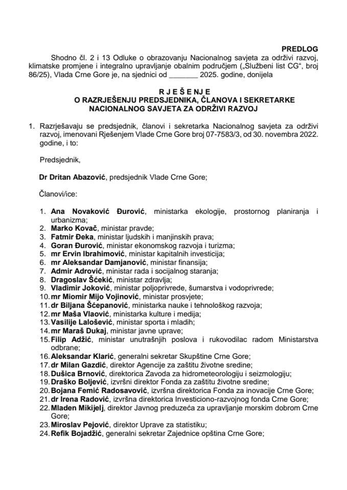 Предлог за разрјешење предсједника, чланова и секретарке Националног савјета за одрживи развој