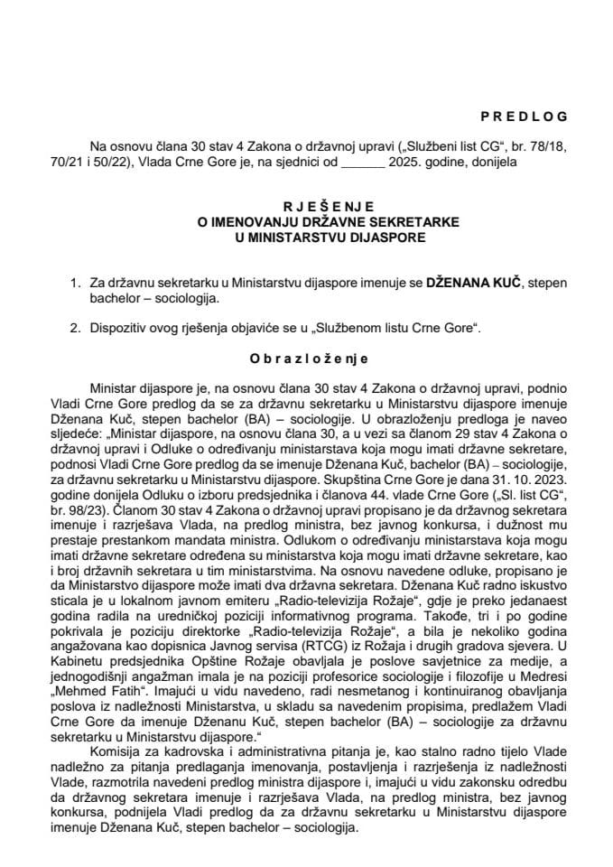 Predlog za imenovanje državne sekretarke u Ministarstvu dijaspore