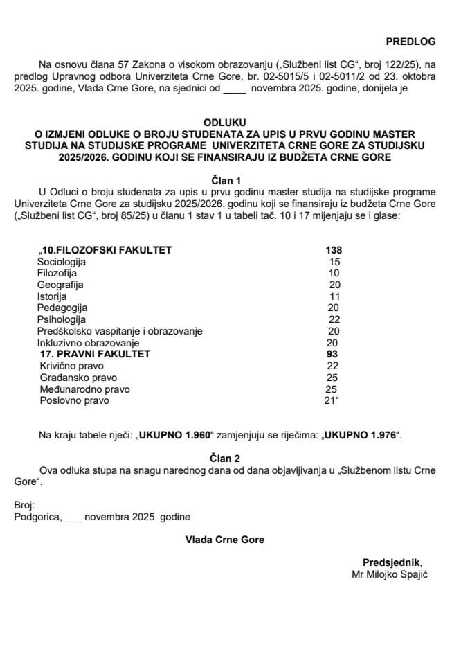 Предлог одлуке о измјени Одлуке о броју студената за упис у прву годину мастер студија на студијске програме Универзитета Црне Горе за студијску 2025/2026. годину који се финансирају из буџета Црне Горе