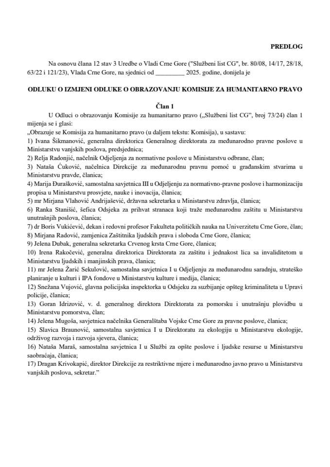 Предлог одлуке о измјени Одлуке о образовању Комисије за хуманитарно право
