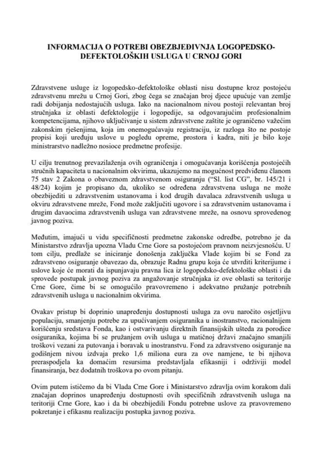 Информација о потреби обезбјеђивања логопедско-дефектолошких услуга у Црној Гори