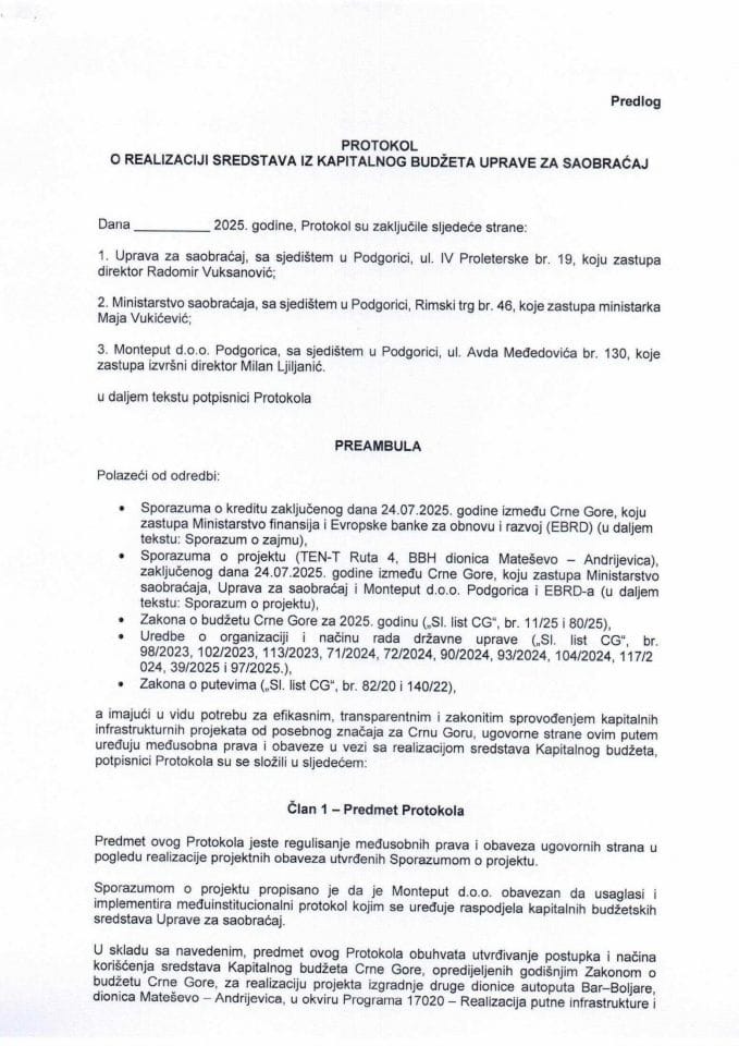 Predlog protokola o realizaciji sredstava iz Kapitalnog budžeta Uprave za saobraćaj