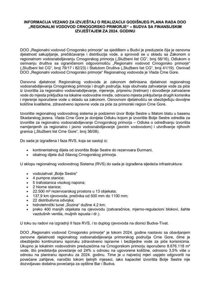 Izvještaj o realizaciji Godišnjeg plana rada sa Godišnjim finansijskim izvještajem za 2024. godinu DOO „Regionalni vodovod Crnogorsko primorje“ Budva