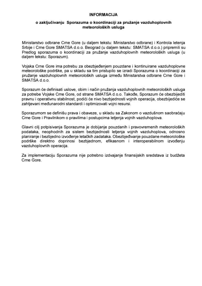 Информација о закључивању Споразума о координацији за пружање ваздухопловних метеоролошких услуга с Предлогом споразума
