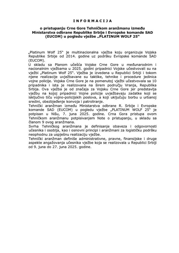 Информација о приступању Црне Горе Техничком аранжману између Министарства одбране Републике Србије и Европске команде САД (EUCOM) у погледу вјежбе „PLATINUM WOLF 25“