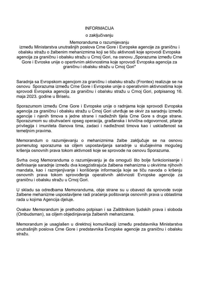 Informacija o zaključivanju Memoranduma o razumijevanju između Ministarstva unutrašnjih poslova Crne Gore i Evropske agencije za graničnu i obalsku stražu o žalbenim mehanizmima