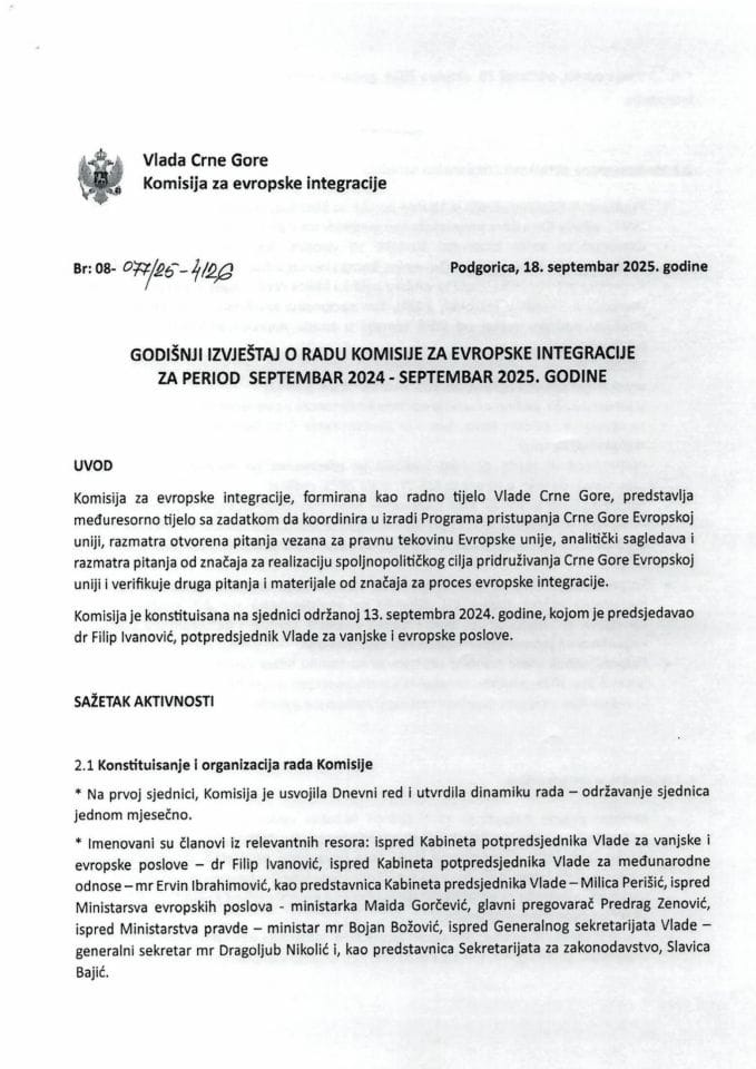 Годишњи извјештај о раду Комисије за европске интеграције за период септембар 2024 - септембар 2025. године