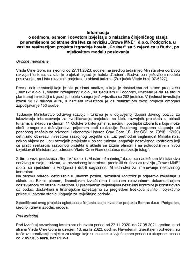 Информација о седмом, осмом и деветом Извјештају о налазима чињеничног стања припремљеном од стране друштва за ревизију „Crowe MNE“ d.o.o. Подгорица