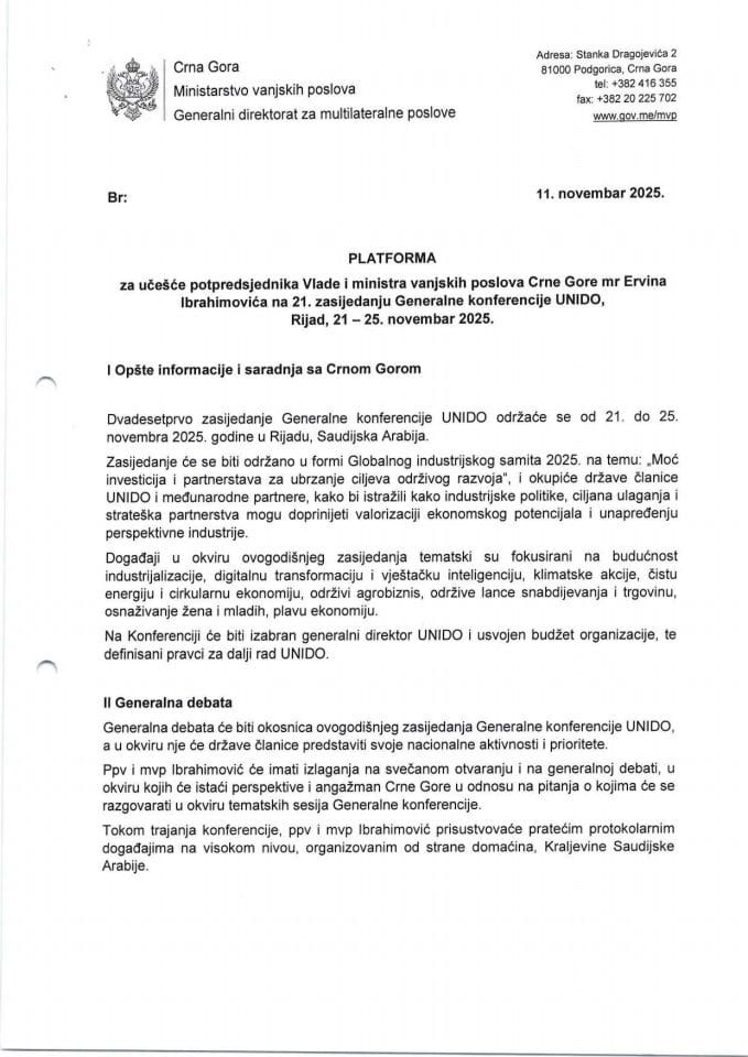 Предлог платформе за учешће потпредсједника Владе и министра вањских послова Црне Горе мр Ервина Ибрахимовића на 21. засиједању Генералне конференције UNIDO, Ријад, 21 – 25. новембар 2025. године