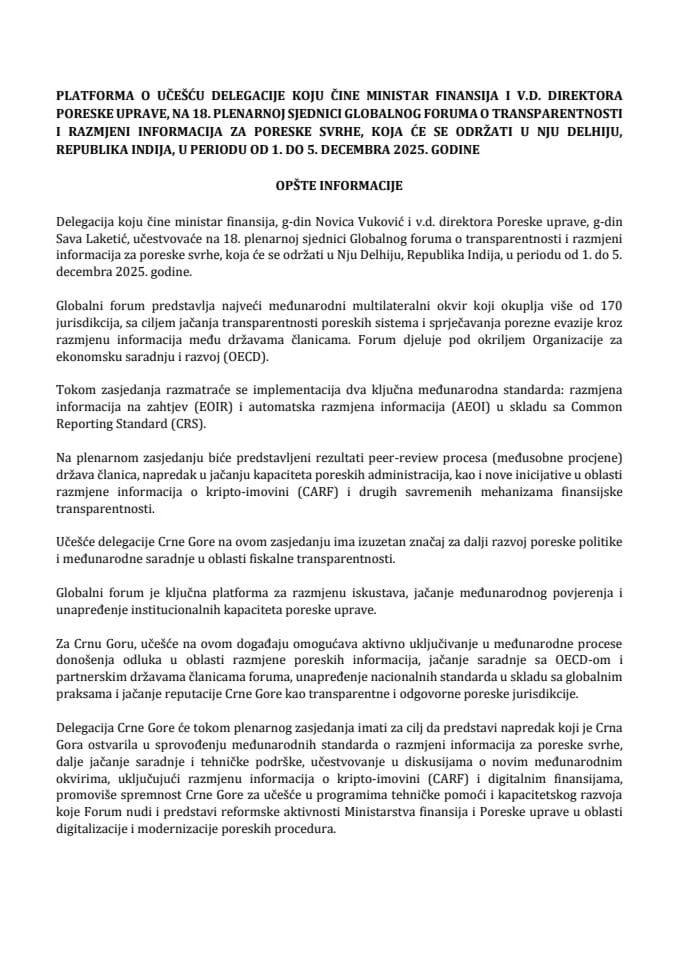 Predlog platforme o učešću delegacije koju čine ministar finansija i v.d. direktora Poreske uprave na 18. plenarnoj sjednici Globalnog foruma o transparentnosti i razmjeni informacija za poreske svrhe