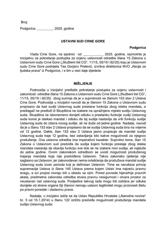 Предлог мишљења на Иницијативу за покретање поступка за оцјену уставности одредбе члана 15 Закона о Уставном суду Црне Горе