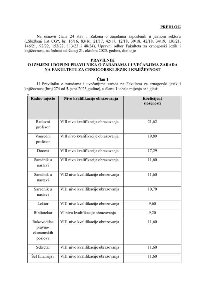 Предлог правилника о измјени и допуни Правилника о зарадама и увећањима зарада на Факултету за црногорски језик и књижевност - Цетиње