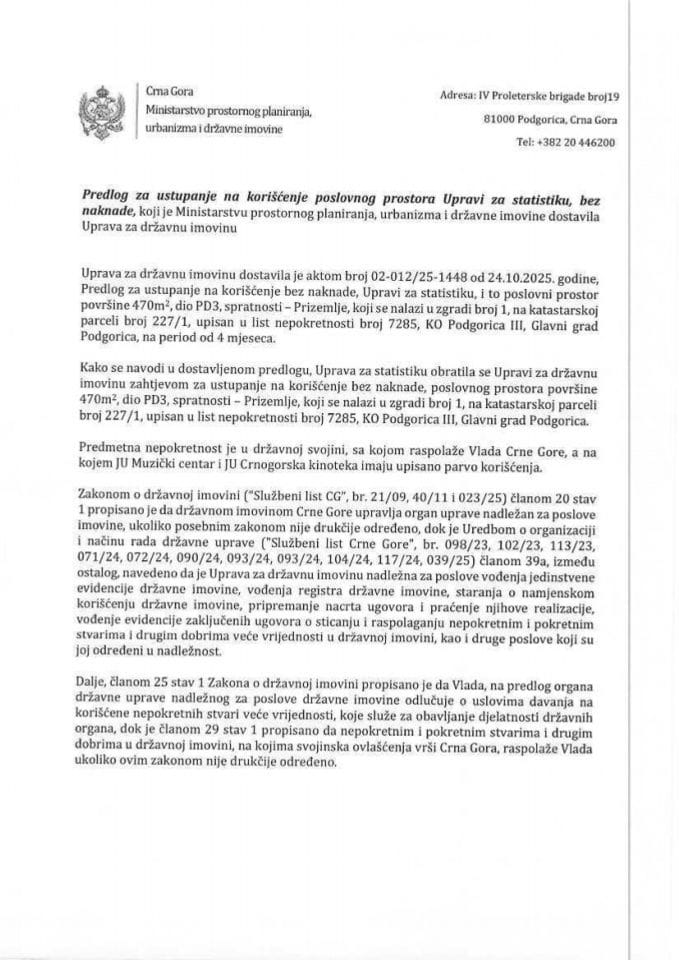 Predlog za ustupanje na korišćenje poslovnog prostora Upravi za statistiku, bez naknade s Predlogom ugovora