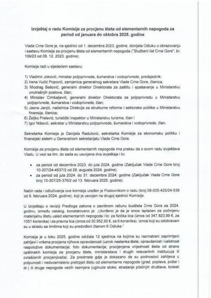 Извјештај о раду Комисије за процјену штета од елементарних непогода за период од јануара до октобра 2025. године