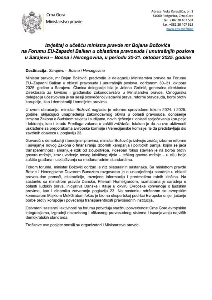 Izvještaj o učešću ministra pravde mr Bojana Božovića na Forumu EU-Zapadni Balkan u oblastima pravosuđa i unutrašnjih poslova u Sarajevu – Bosna i Hercegovina, u periodu 30-31. oktobar 2025. godine