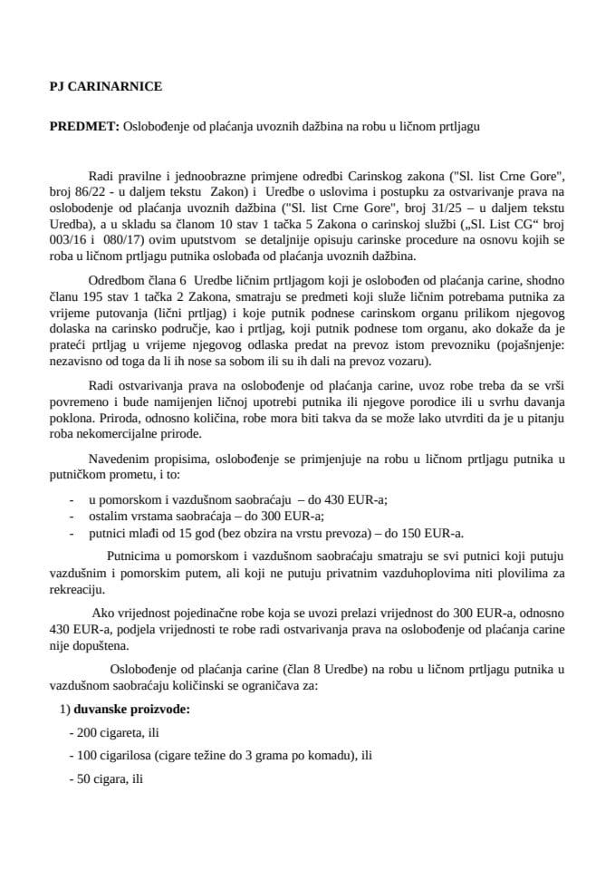 Oslobođenje od plaćanja uvoznih dažbina na robu u ličnom prtljagu