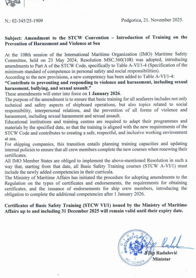 Amendment to the STCW Convention Introduction of Training on the Prevention of Harassment and Violence at Sea