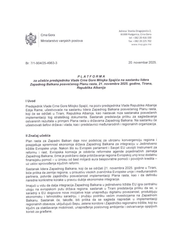 Predlog platforme za učešće predsjednika Vlade Crne Gore Milojka Spajića na sastanku lidera Zapadnog Balkana posvećenog Planu rasta, 21. novembra 2025. godine, Tirana, Republika Albanija