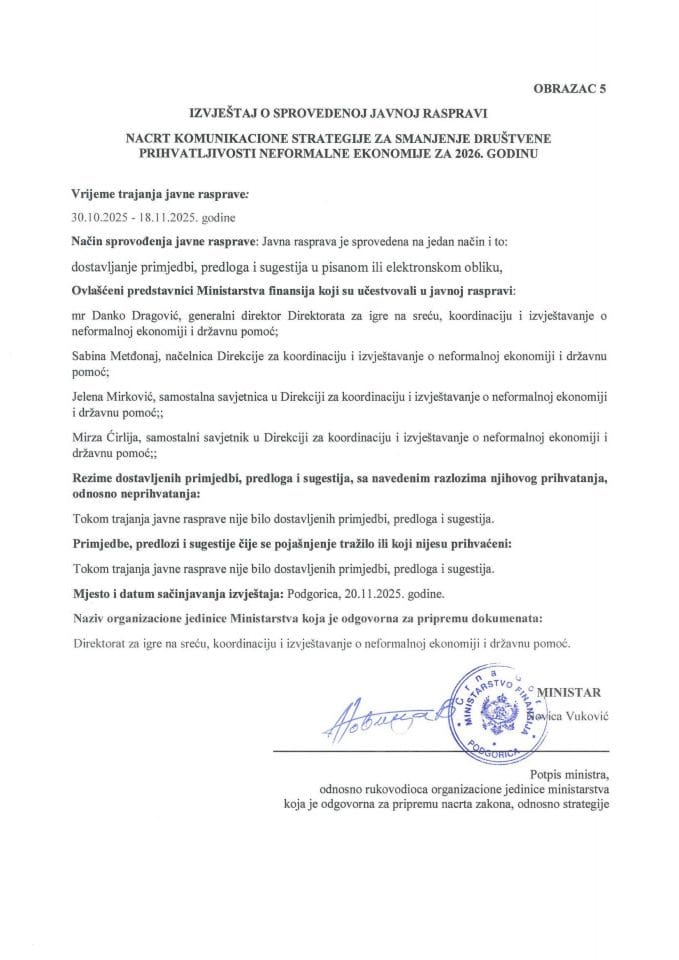 Izvještaj o sprovedenoj javnoj raspravi - Nacrt Komunikacione strategije za smanjenje društvene prihvatljivosti neformalne ekonomije za 2026. godinu