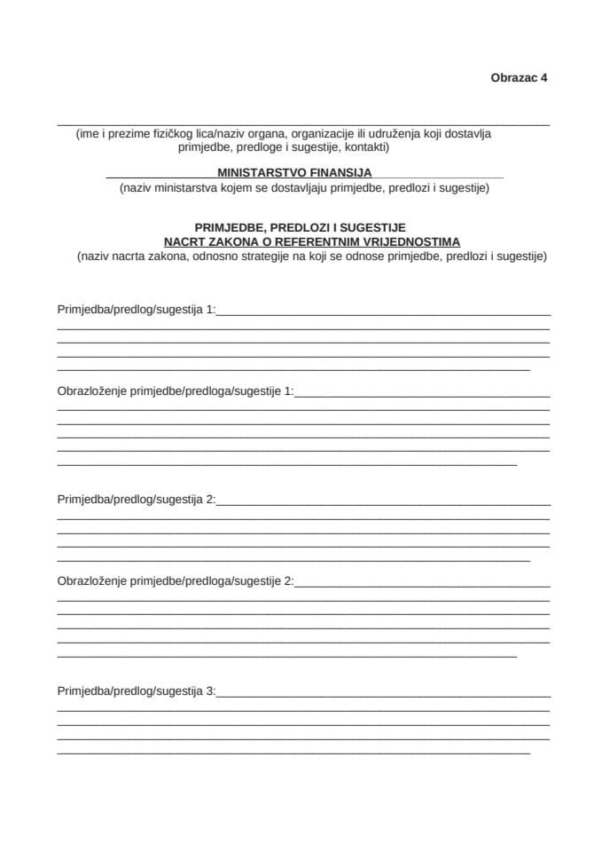 Obrazac za dostavljanje prijedloga, sugestija i komentara na Nacrt zakona
