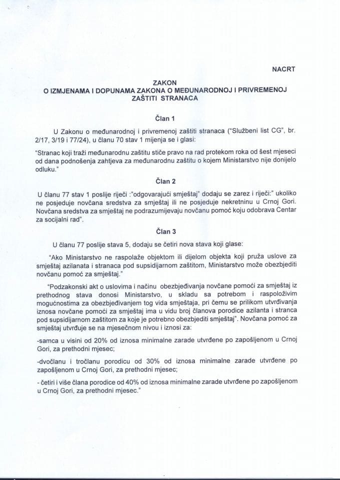 Нацрт закона о измјенама и допунама Закона о међународној и привременој заштити странаца